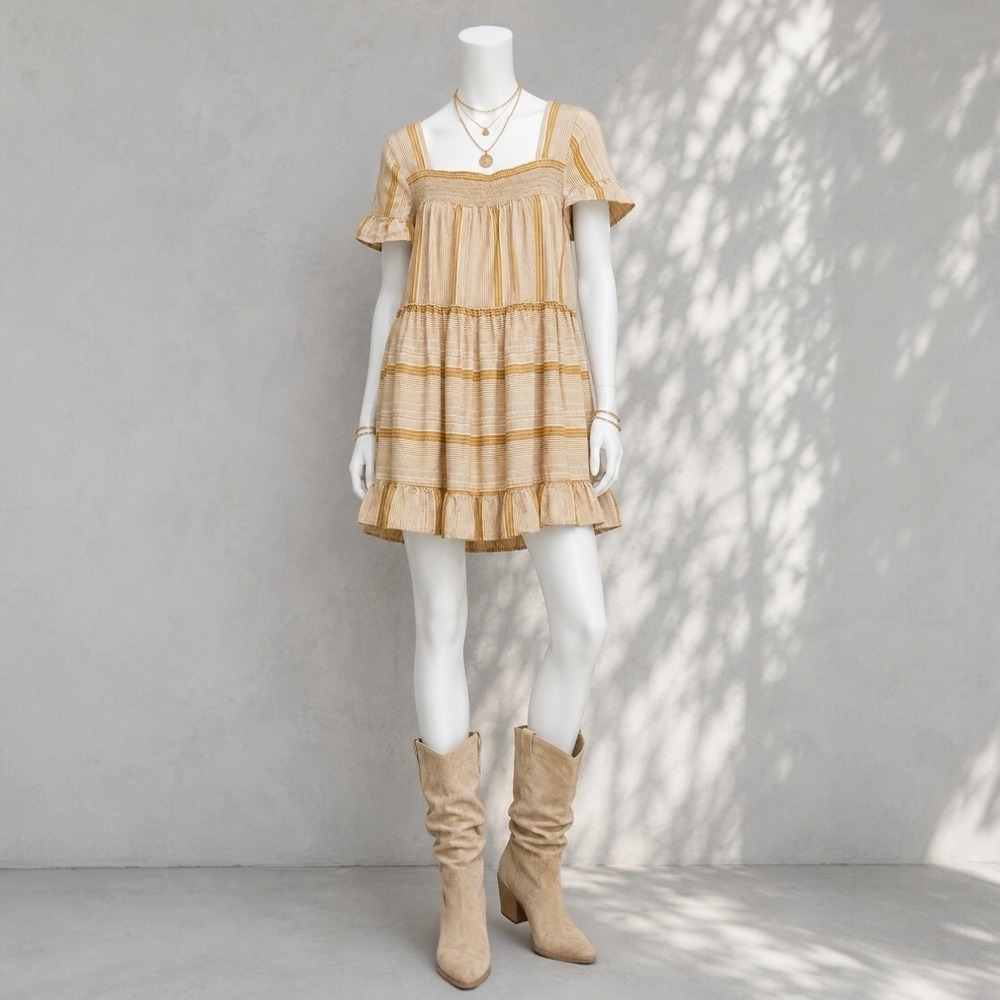 Free People Linen Blend Babydoll Dress L Sadie Mustard Stripe Smocked Boho Mini